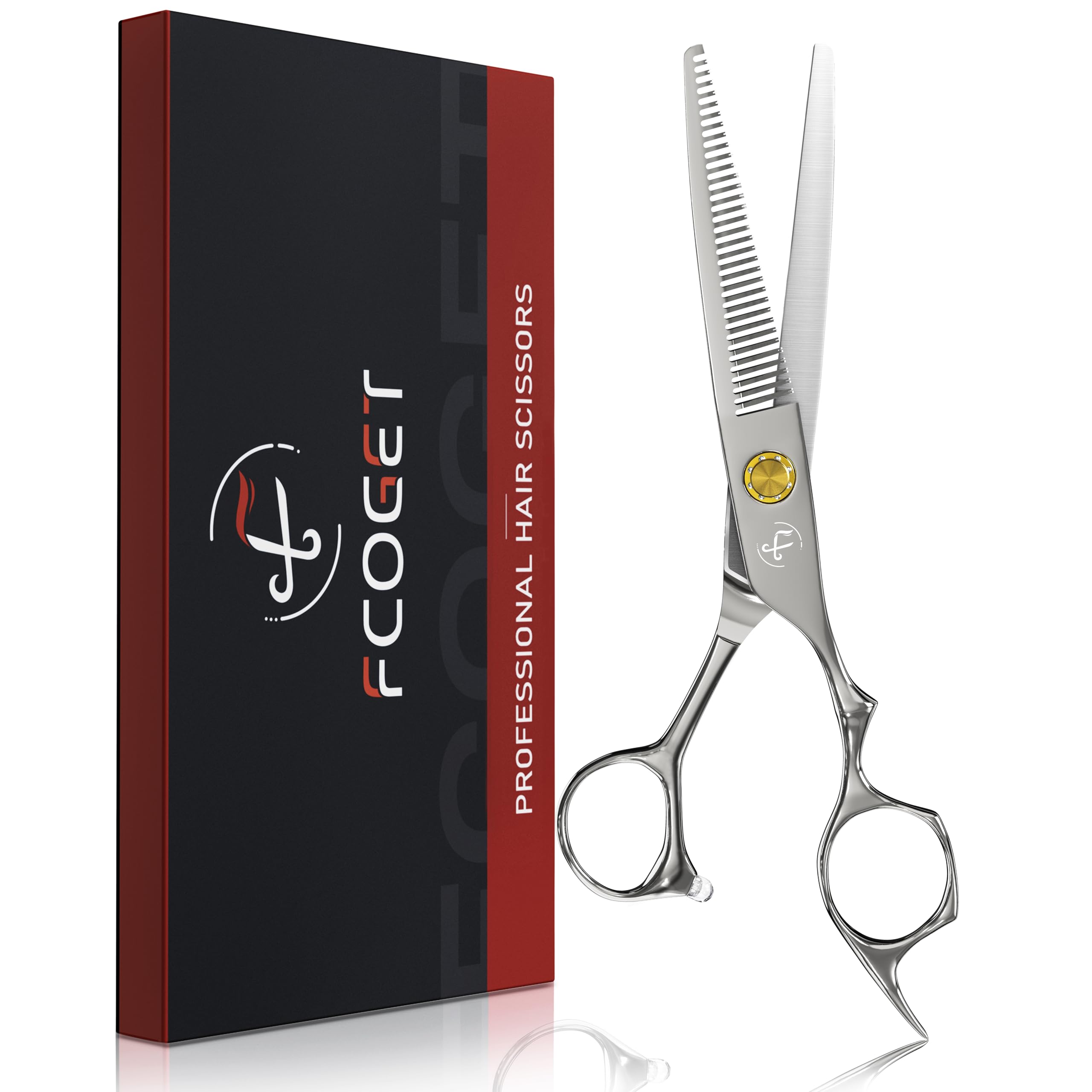 Fcoget Silver thinning shears blades close-up for precise texture control