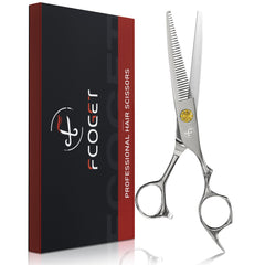 Fcoget Silver thinning shears blades close-up for precise texture control