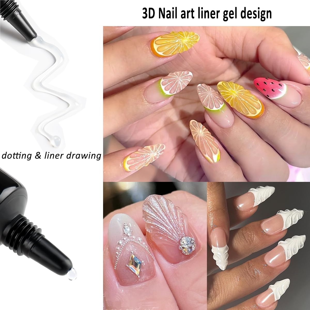 Fcozpjk Y2K inspired nail art with 3D lines and fruit motifs