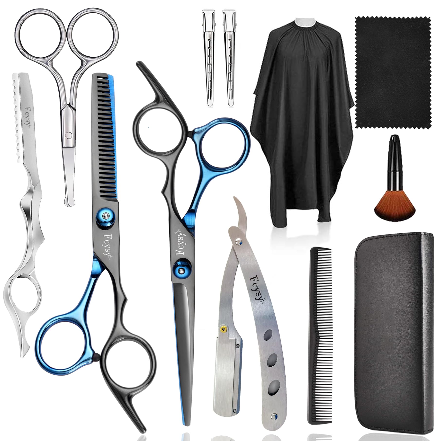 Fcysy professional barber scissors kit laid out for a complete haircut session