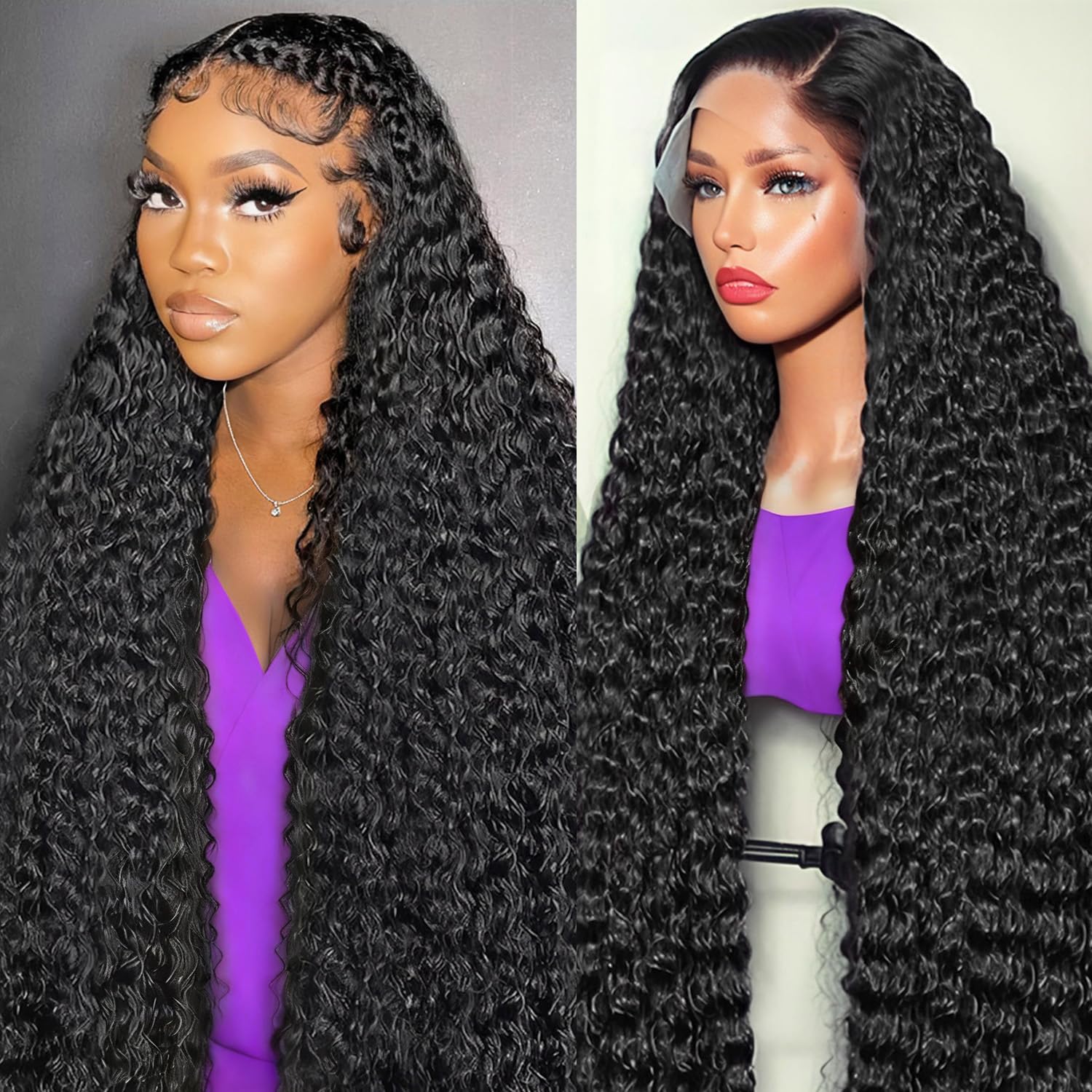 FDSAFEF deep wave lace front wig close-up highlights natural texture and premium hair quality.