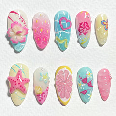FDSQHSA summer press-on nails almond shape with flower design for elegant nails.