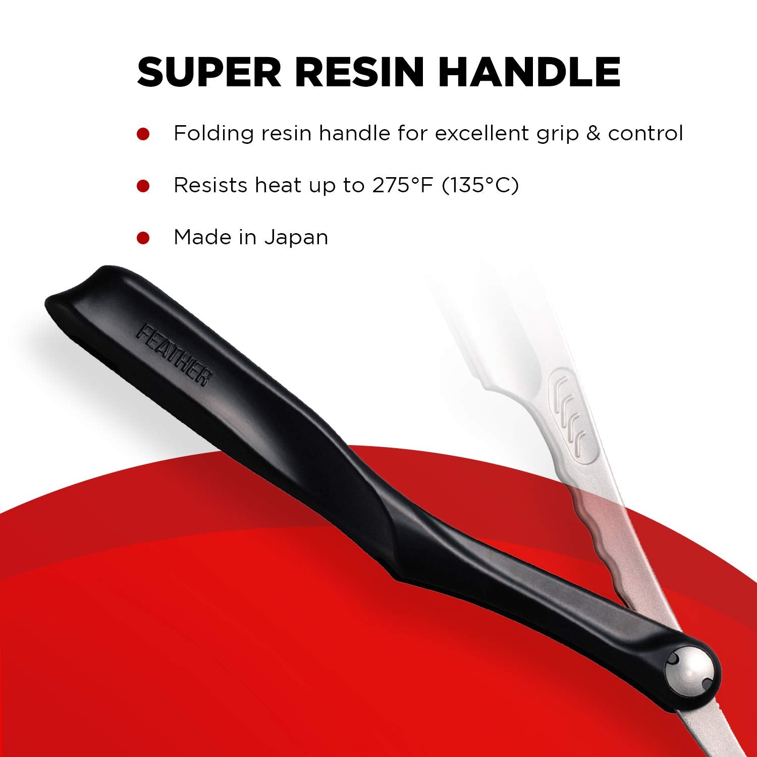 Feather Artist Club Black SS enamel resin handle highlights grip and heat resistance.
