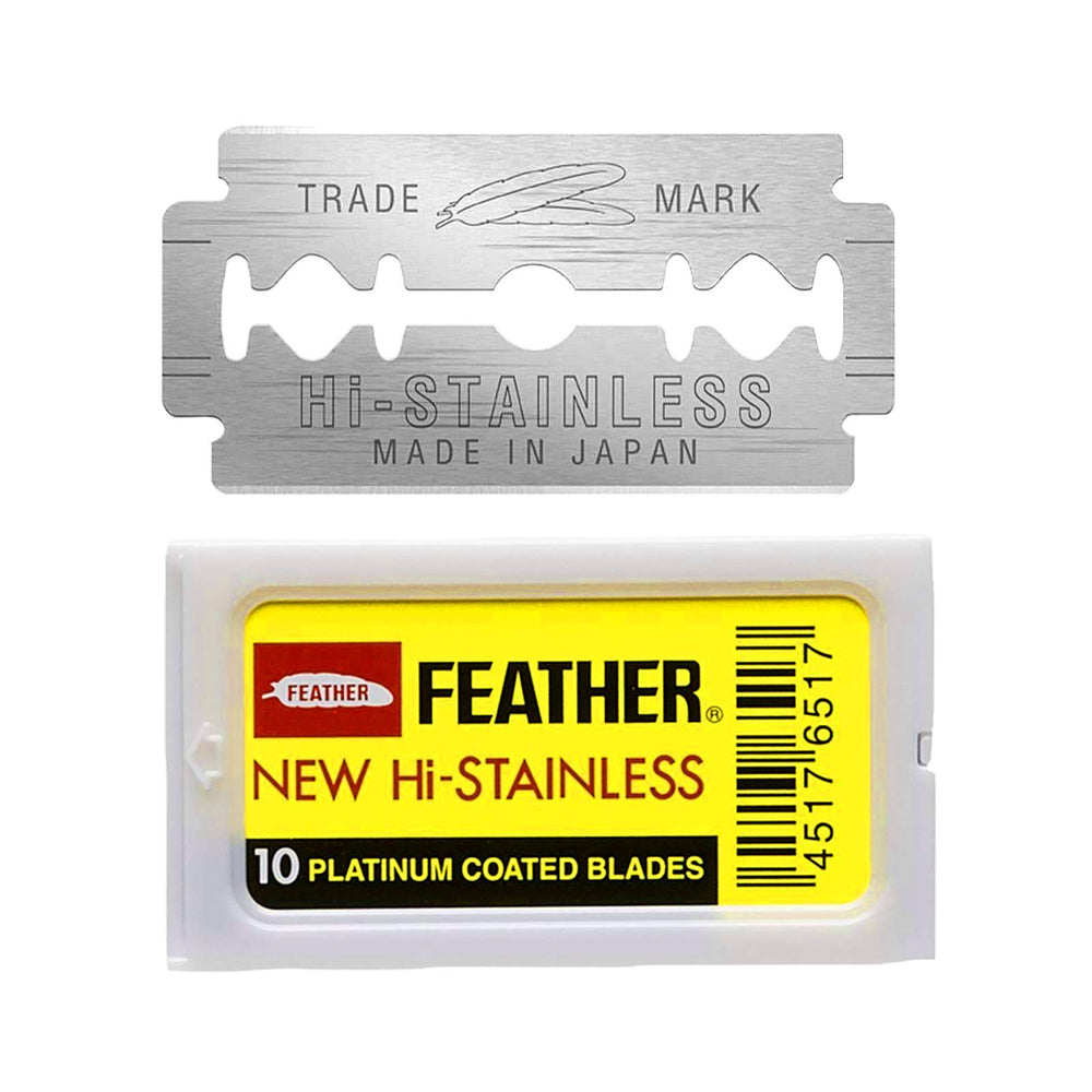 Feather double-edge blades in a ten-count pack for daily shaving.