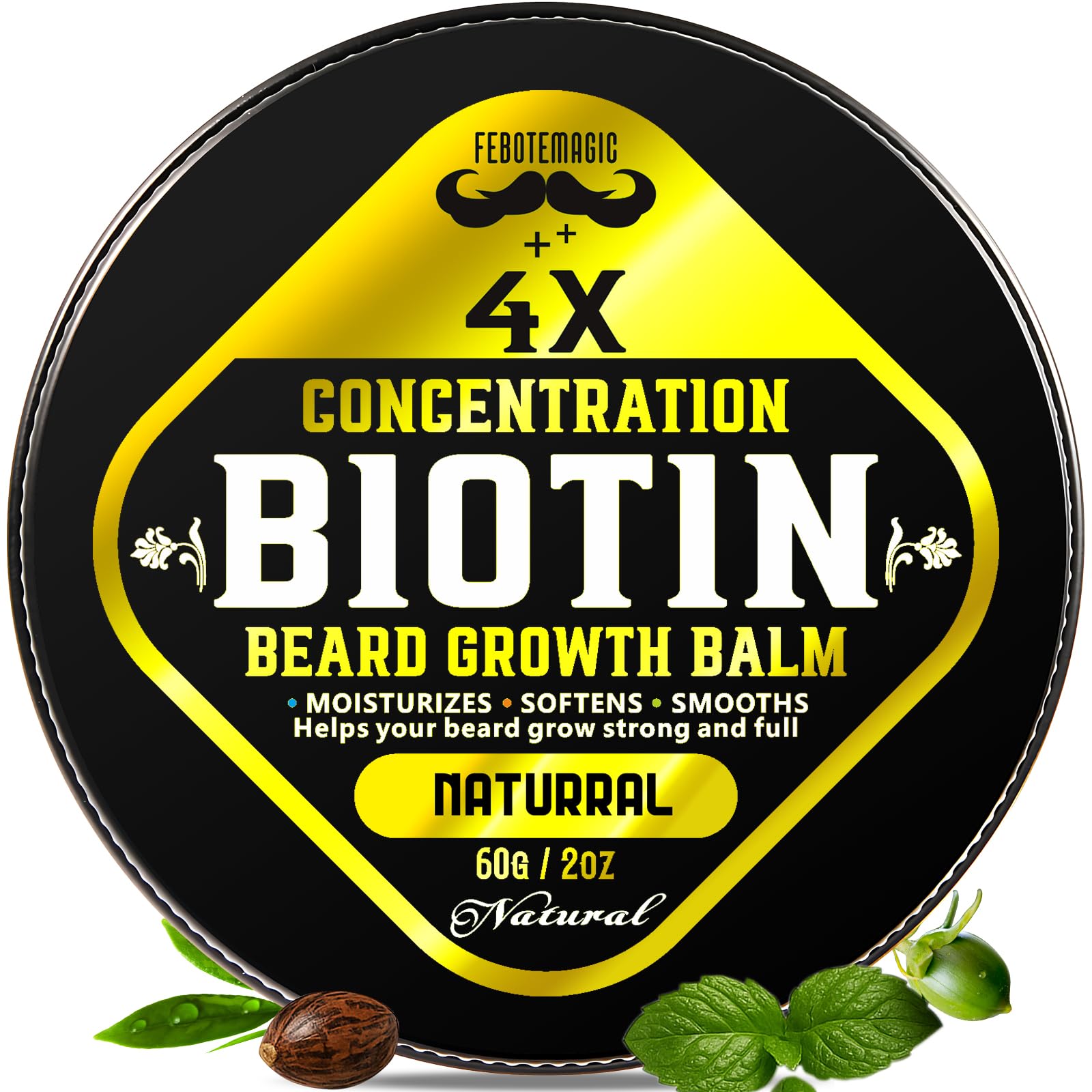 FEBOTE Biotin Beard Balm tin showing fuller-looking facial hair