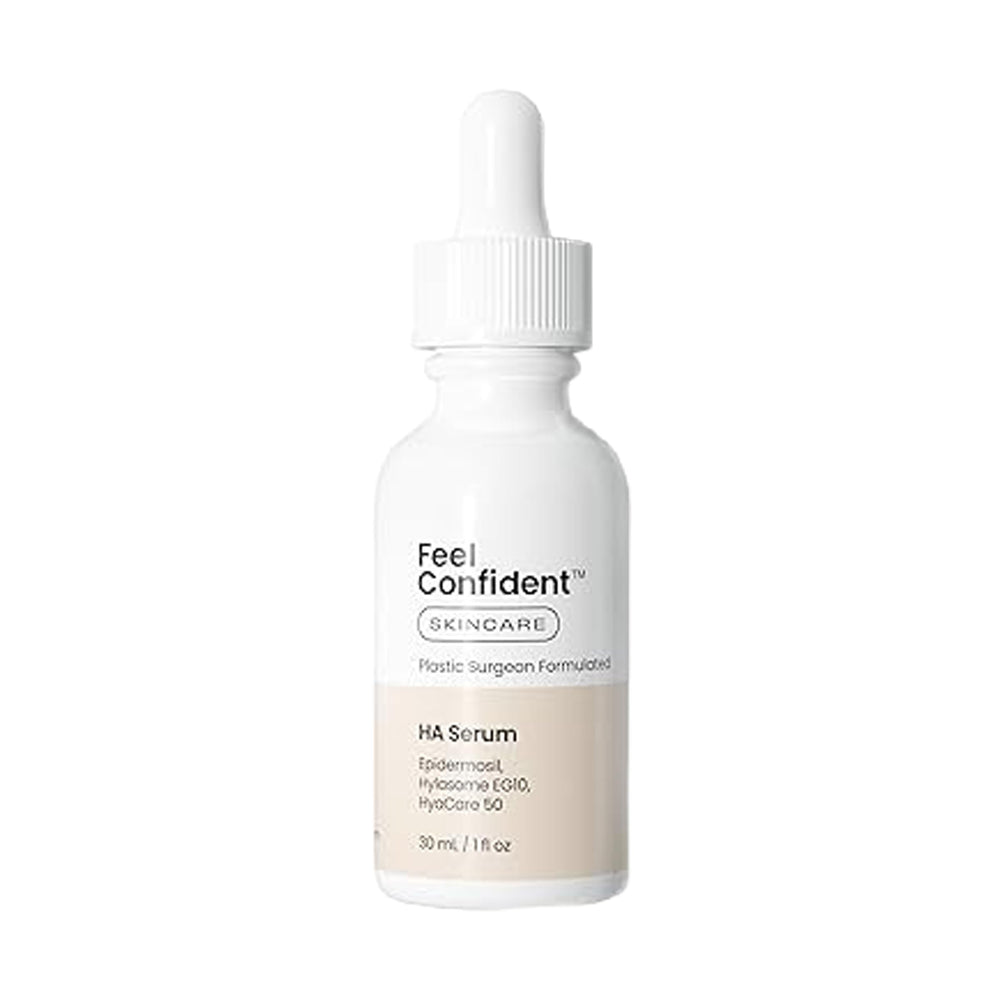 Feel Confident serum bottle with dropper ready for deep hydration.