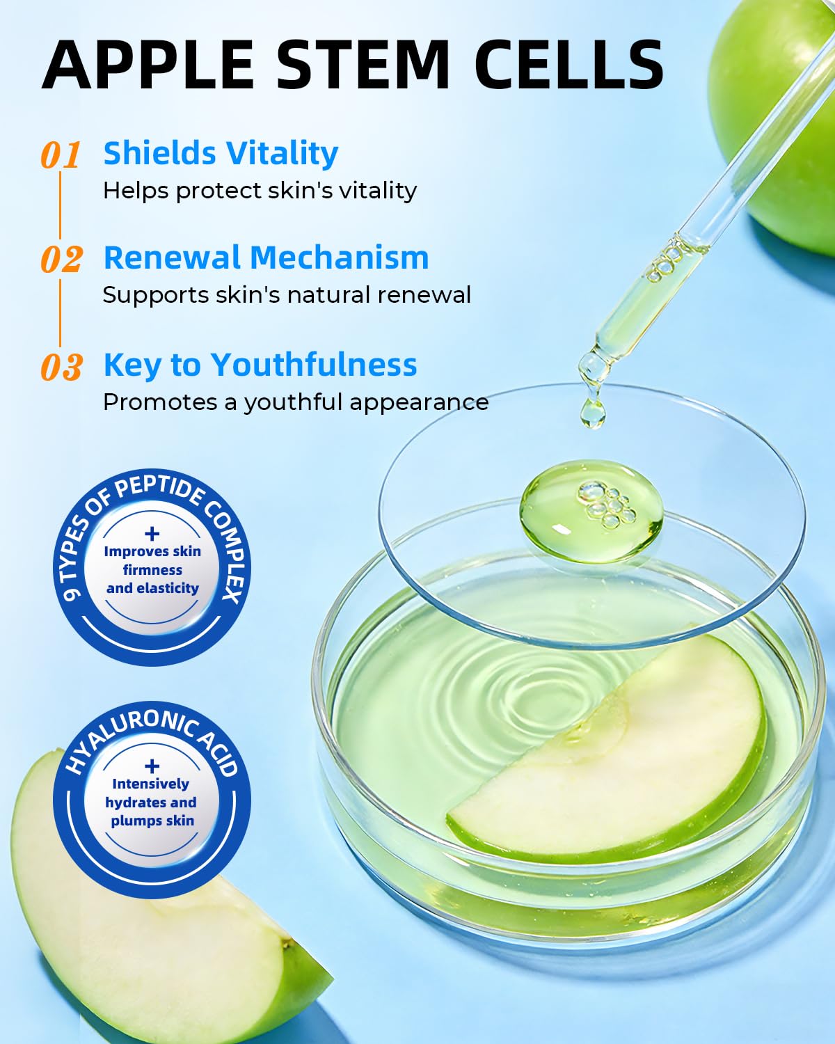 Apple stem cells complex highlighted on the serum bottle