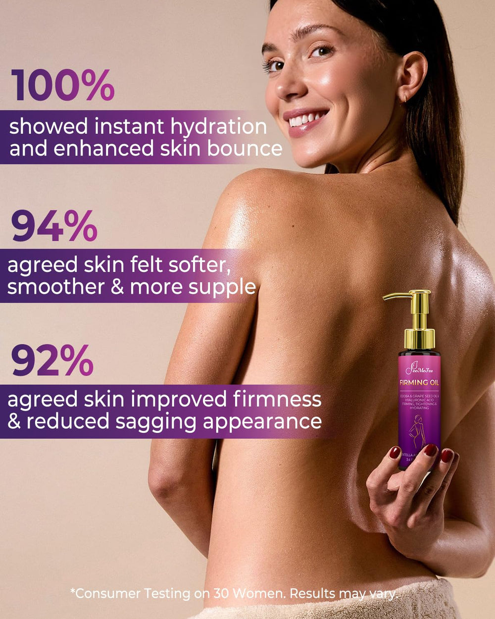 FeeMeFee firming oil texture swirl emphasizes lightweight application.