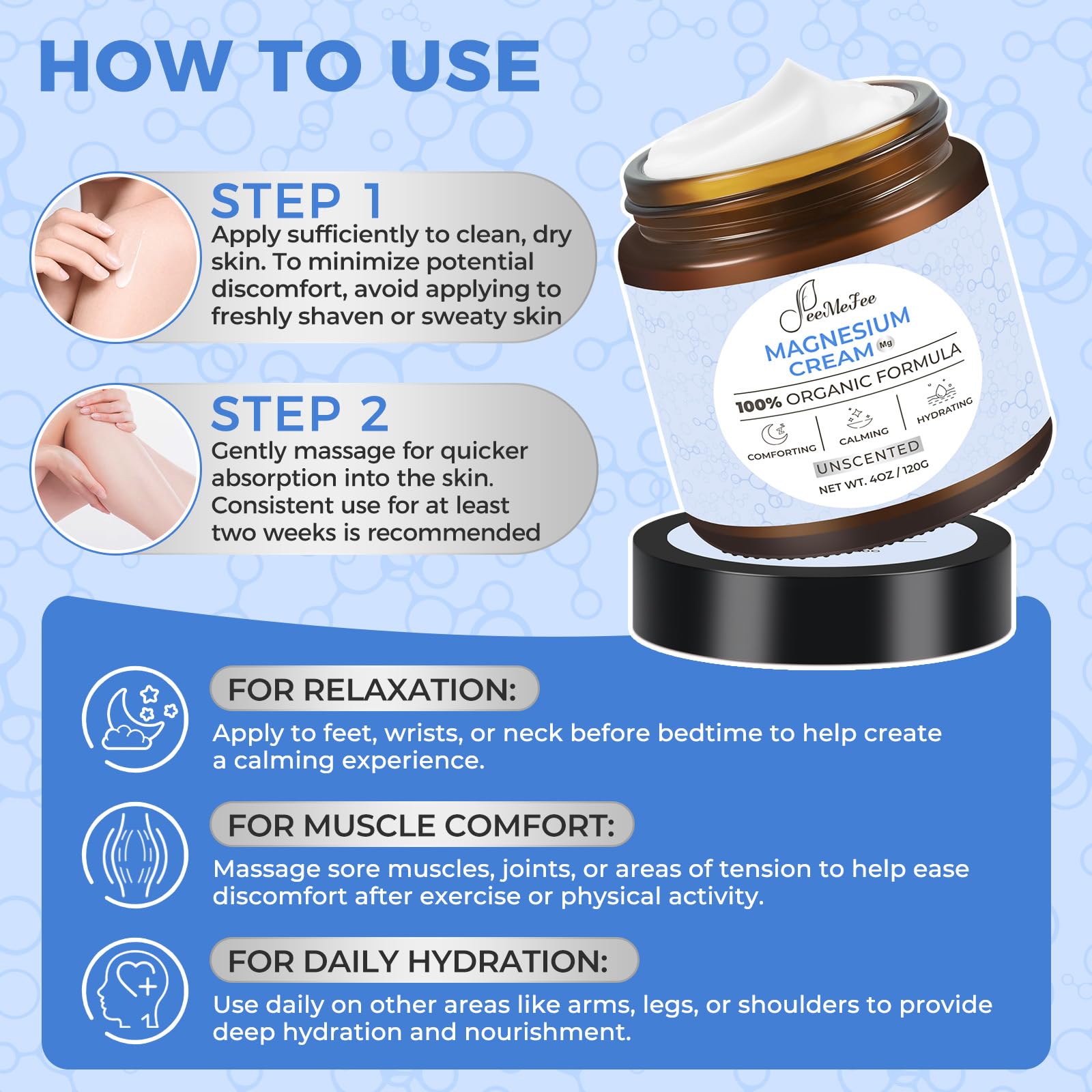 FeeMeFee Magnesium Lotion hydration leaves skin velvety and soft all day.