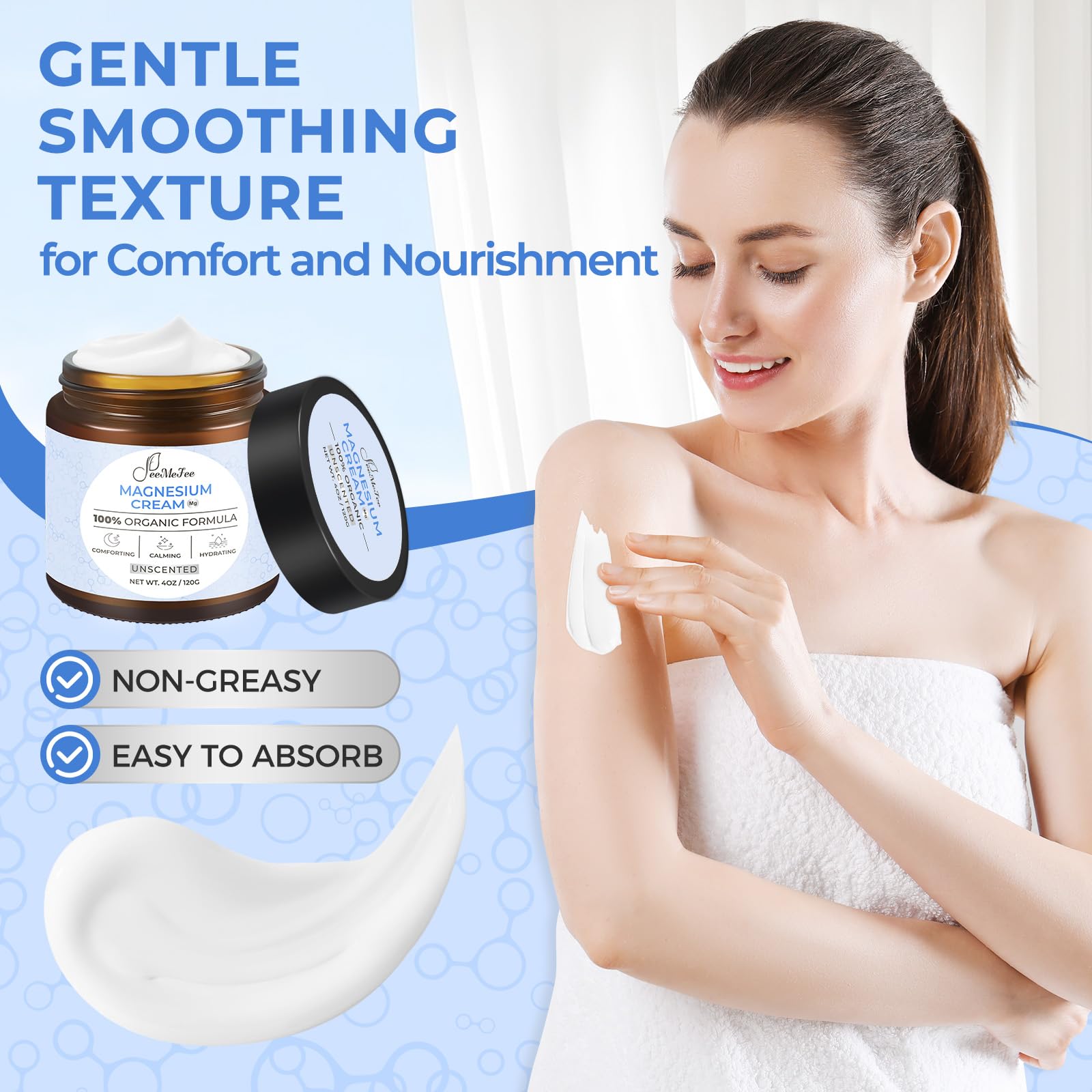 FeeMeFee Magnesium Lotion ingredients coconut oil highlight nourishing hydration.