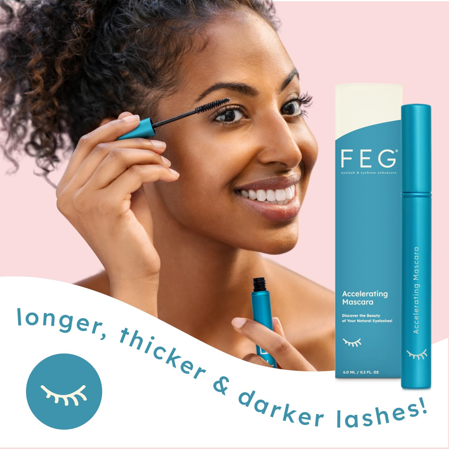 FEG mascara brush glide ensures easy, even coating on every lash.