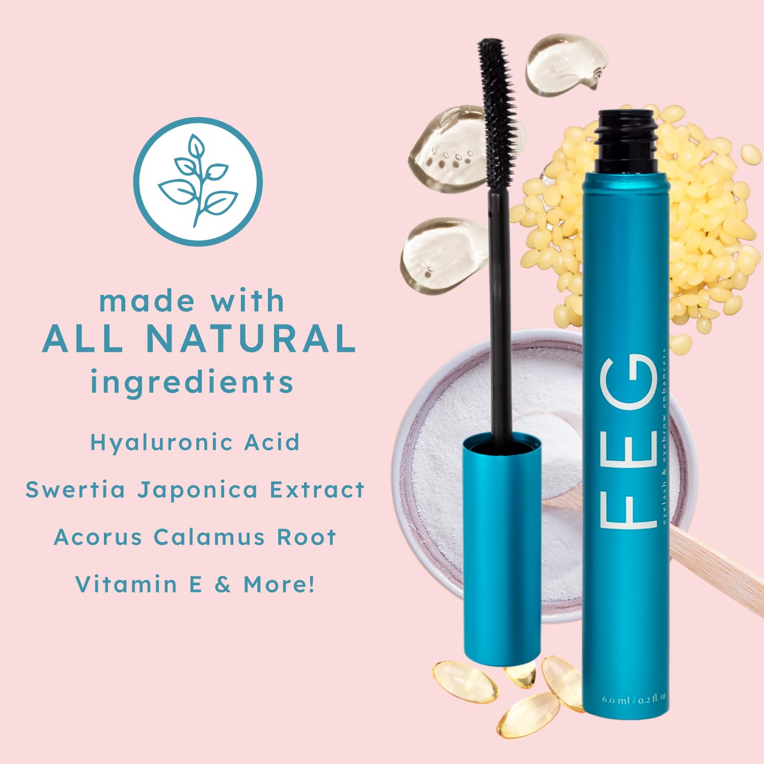 FEG mascara lengthening effect visible on each lash strand.