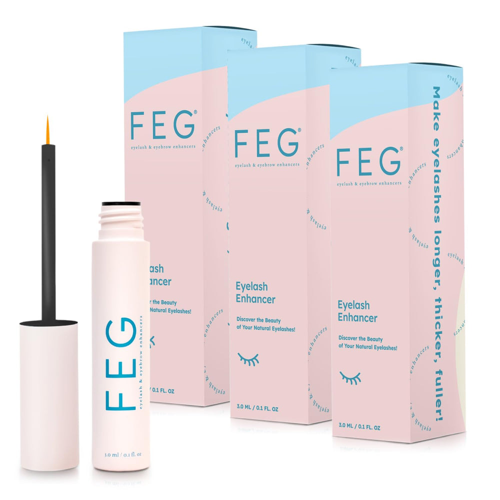 FEG Eyelash Enhancer 3-pack packaging, a complete lash care set for daily use.