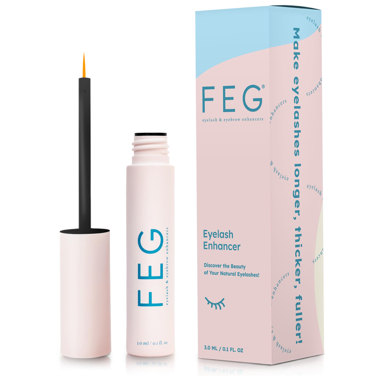 FEG Eyelash Rapid Growth Serum bottle shows a sleek formula for longer, fuller lashes