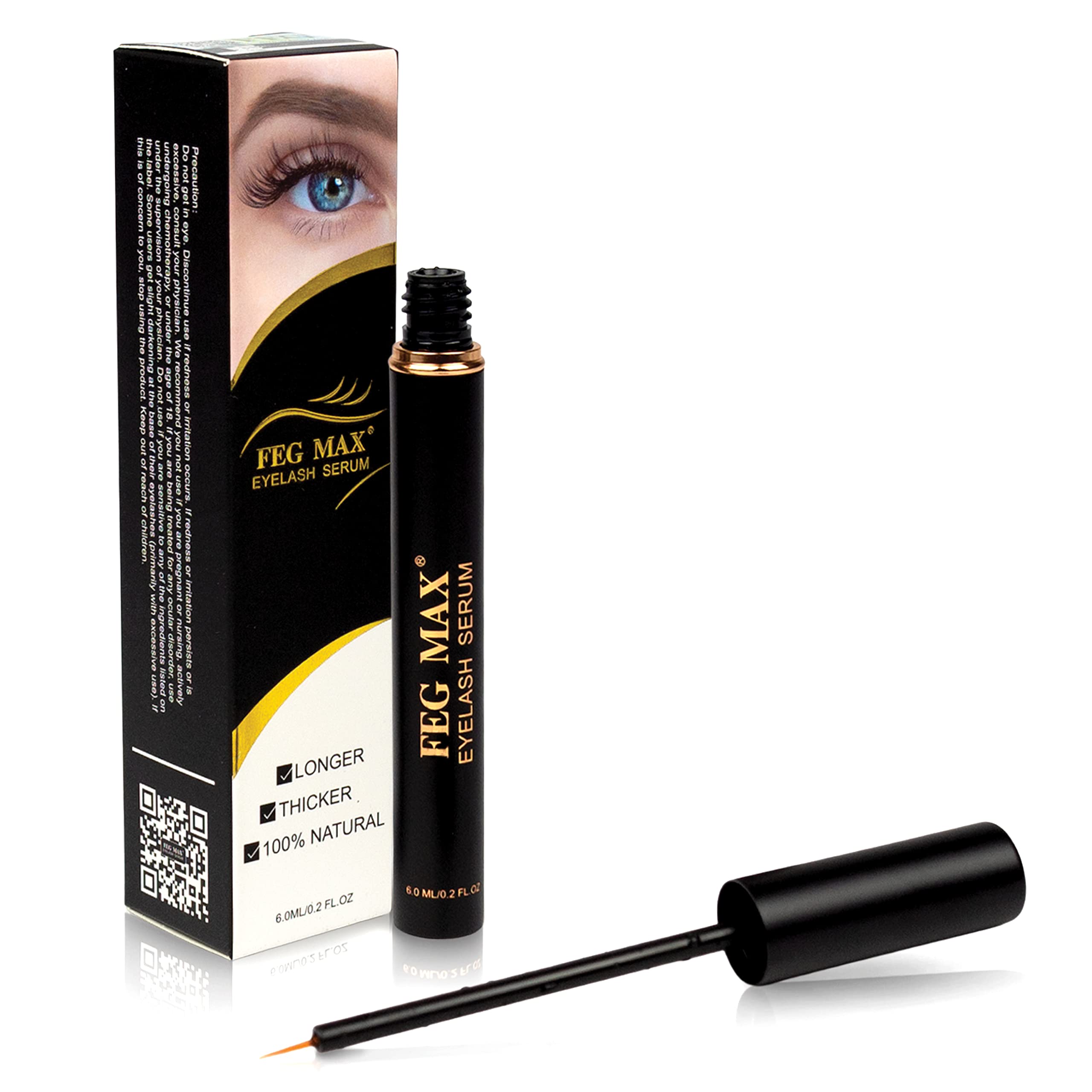 FEG Max Eyelash Serum bottle ready for application, suggesting longer-looking lashes.