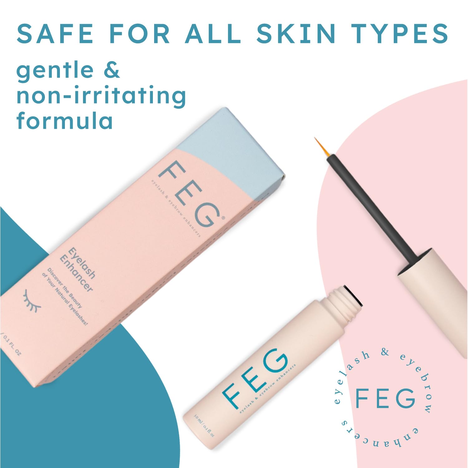 FEG serum drops on upper lid illustrating safe nightly use