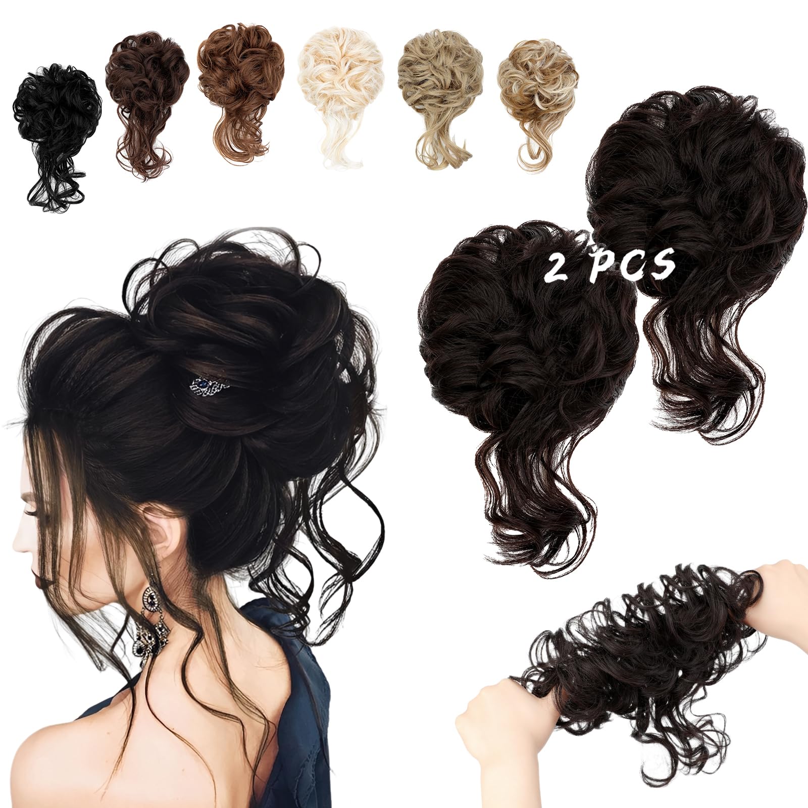 FeidyLong dark brown messy bun with tendrils for everyday styling.