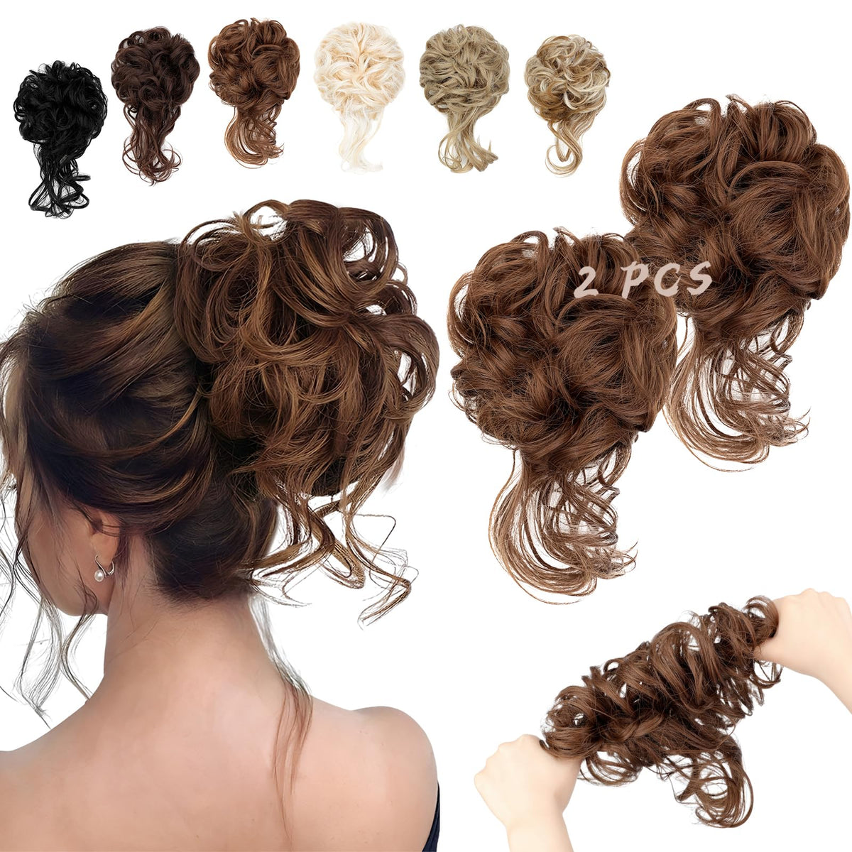FeidyLong messy bun with tousled updo in light brown for instant everyday elegance