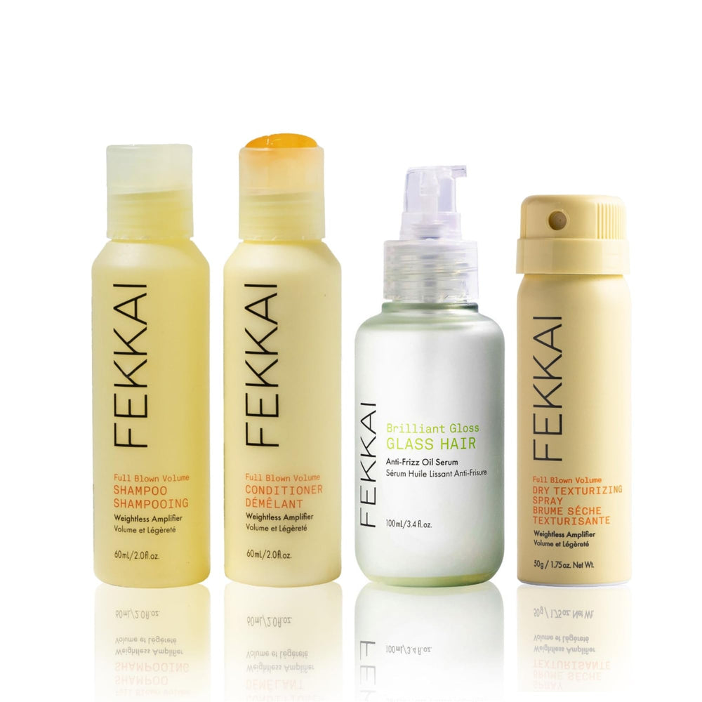 FEKKAI Brilliant Gloss Travel Bundle shampoo bottle demonstrates volumizing action for fuller, bouncier hair.