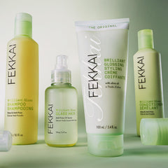 Fekkai Olive Oil shine boost image emphasizes glossy, frizz-free results.