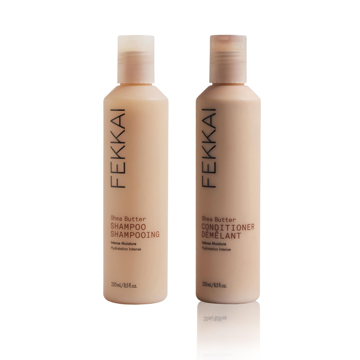 FEKKAI Shea Butter Shampoo bottle pour highlighting hydration and shine