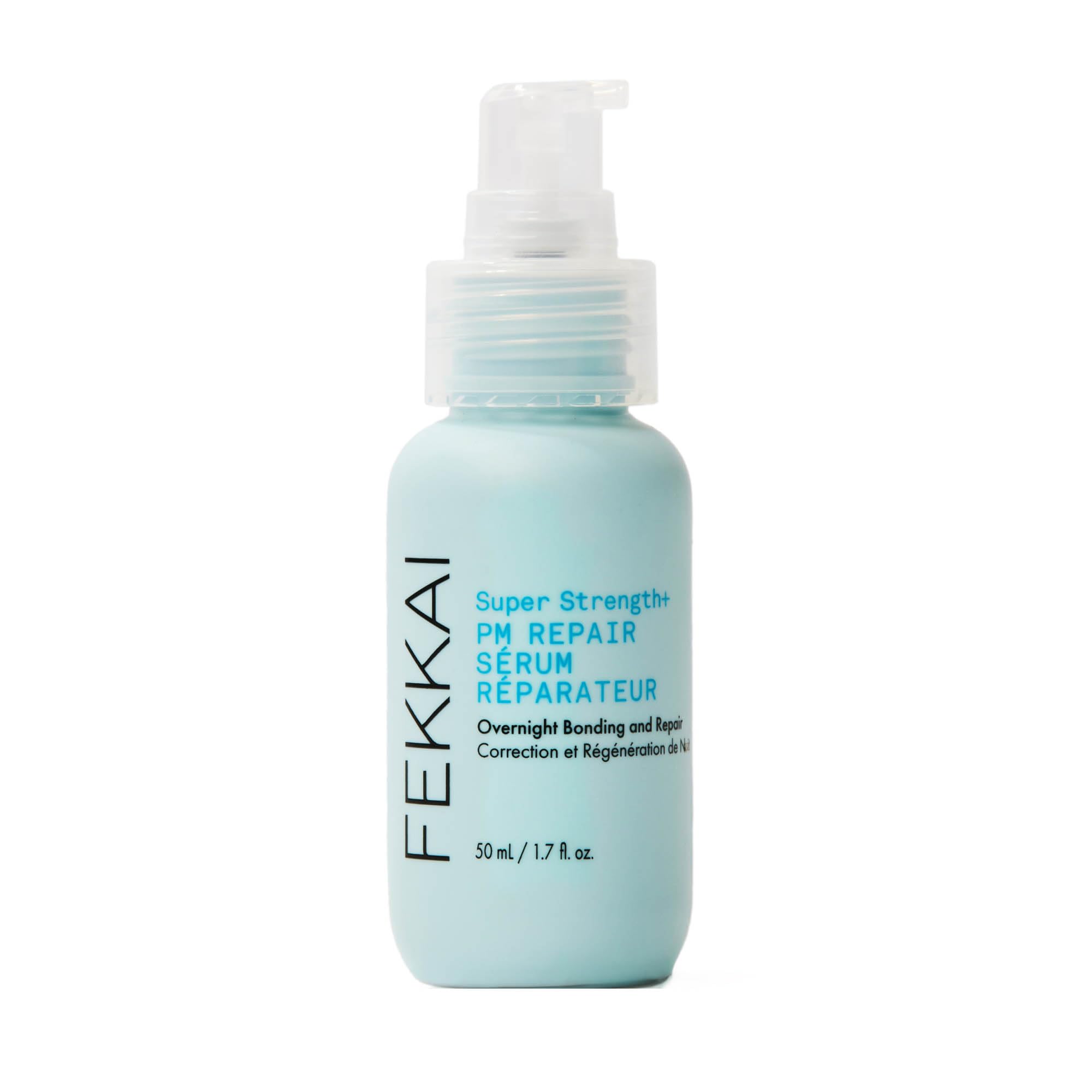 Fekkai Super Strength+ PM Repair Serum bottle pour for overnight hair strengthening.