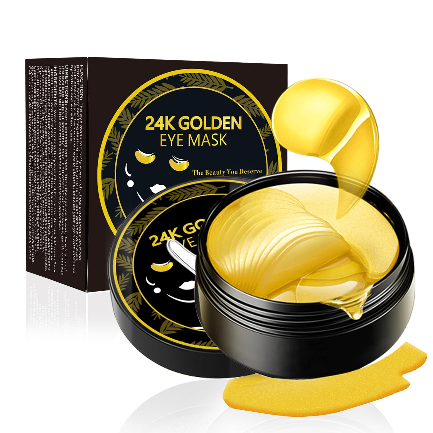 Felico 24K Gold Eye Mask box highlights premium packaging and hydration.