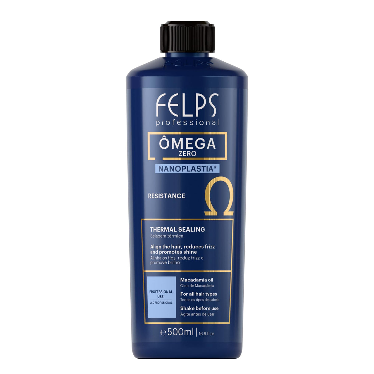 Felps Professional Omega Zero Nanoplastia bottle closeup highlights premium formula for salon-grade results at home.