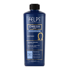 Felps Professional Omega Zero Nanoplastia bottle closeup highlights premium formula for salon-grade results at home.