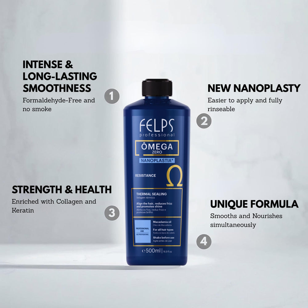Felps Omega formaldehyde-free bottle emphasizes safety and premium smoothing results.