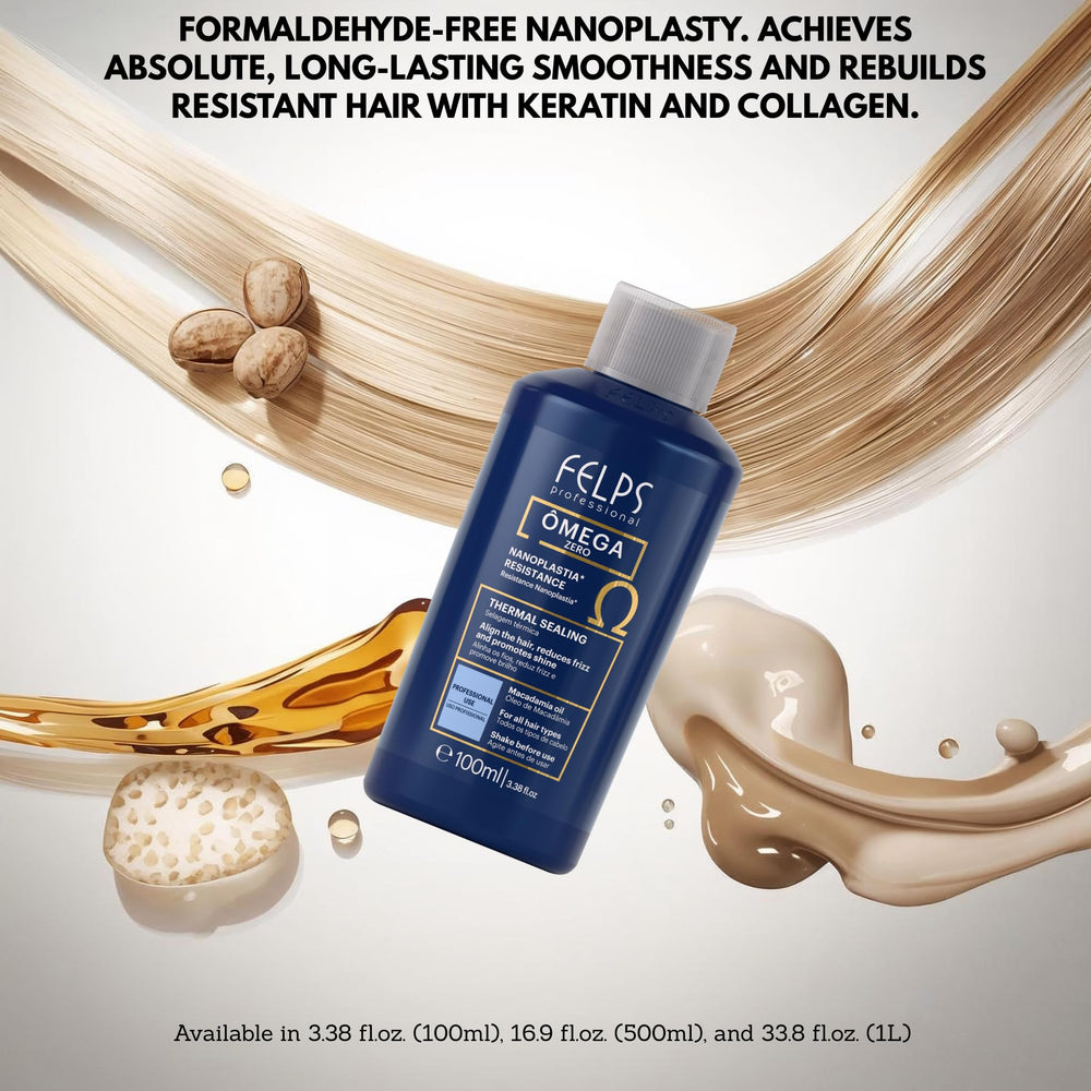 Felps Omega hair smoothing finish visual emphasizes shiny, healthy-looking strands.