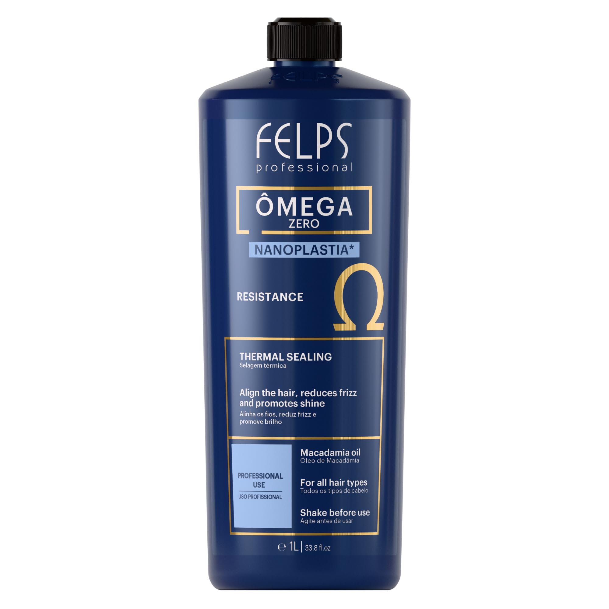 Felps Professional Omega thermal sealing bottle showcases smoothing potential for styled, frizz-free hair.