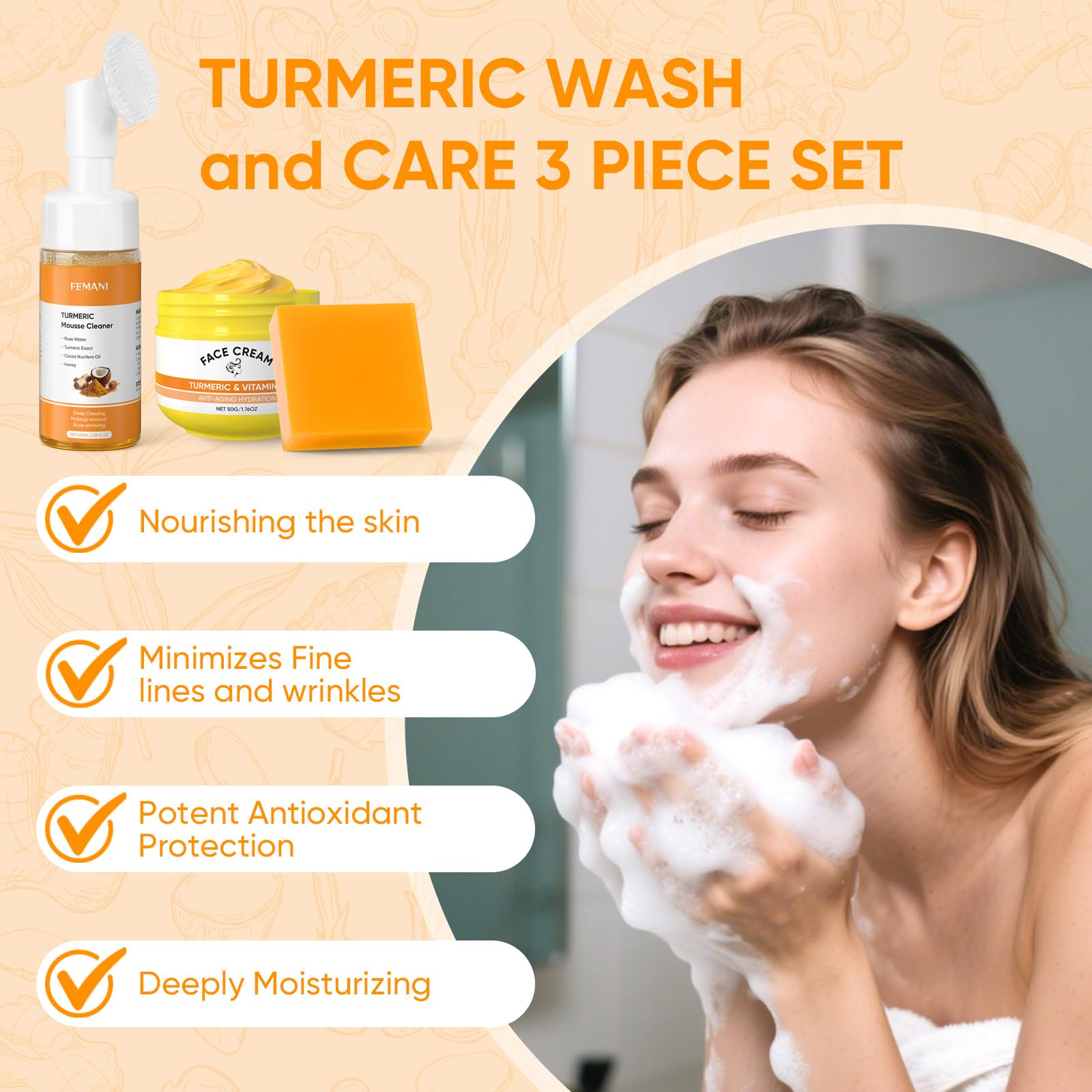 Femani turmeric cleansing soap bar with foaming lather nourishes skin.
