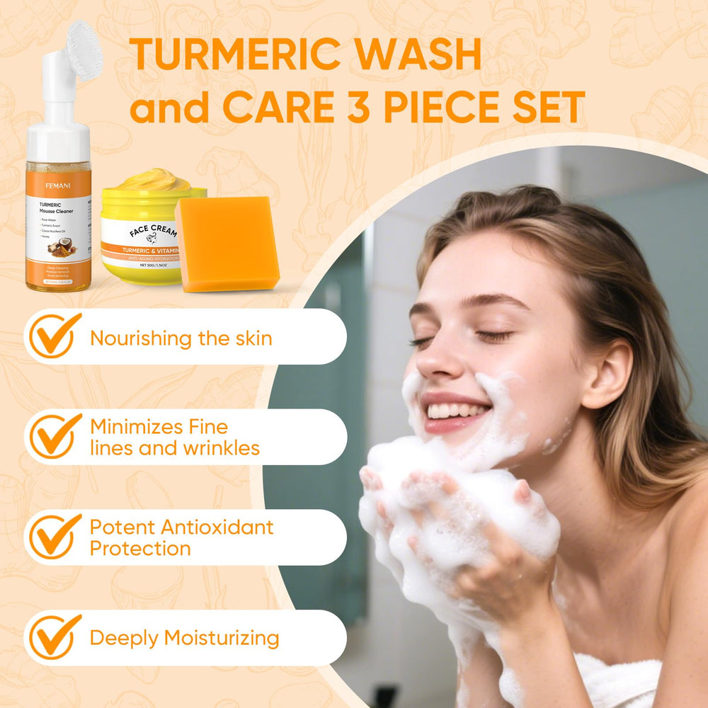 Femani turmeric cleansing soap bar with foaming lather nourishes skin.