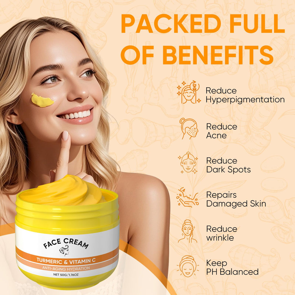 Femani turmeric face cream with vitamin C hydrates for a radiant look.