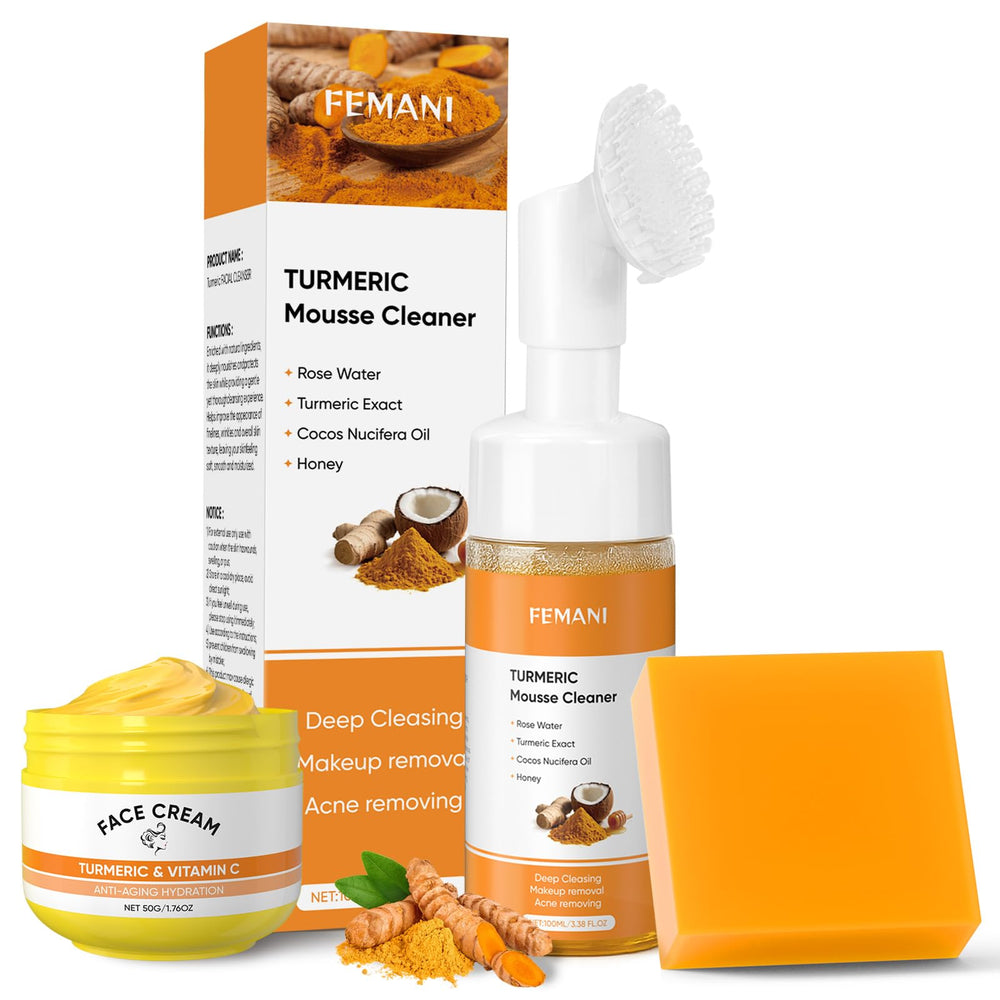 Femani turmeric face wash foam bottle for gentle cleansing and hydration.