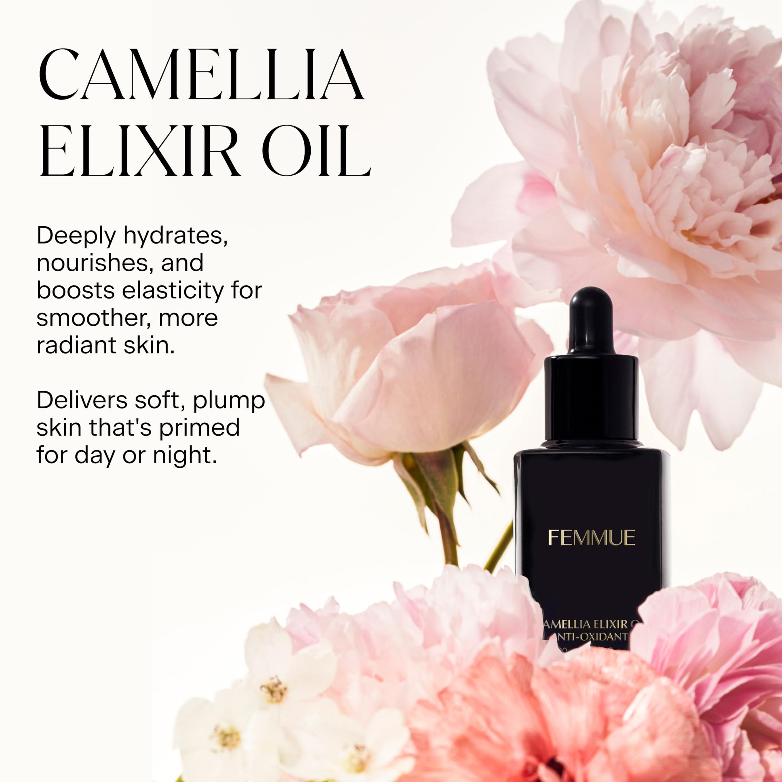 FEMMUE Camellia Elixir dropper application delivering fast-absorbing hydration.