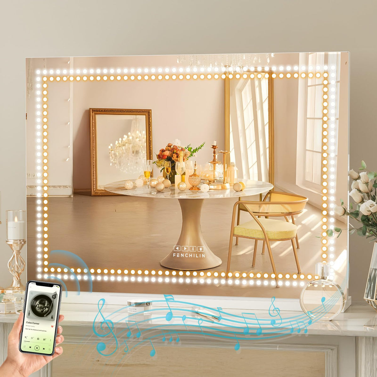FENCHILIN vanity mirror base on table for precise makeup application and lighting.