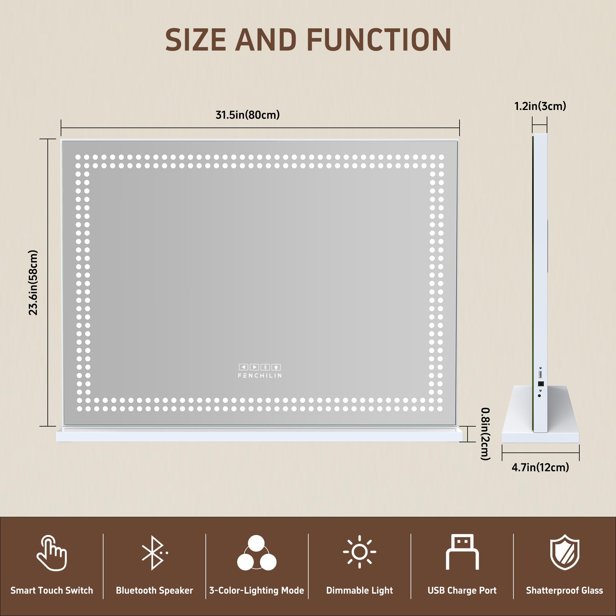 Dimming control on the FENCHILIN vanity mirror allows customizable brightness.