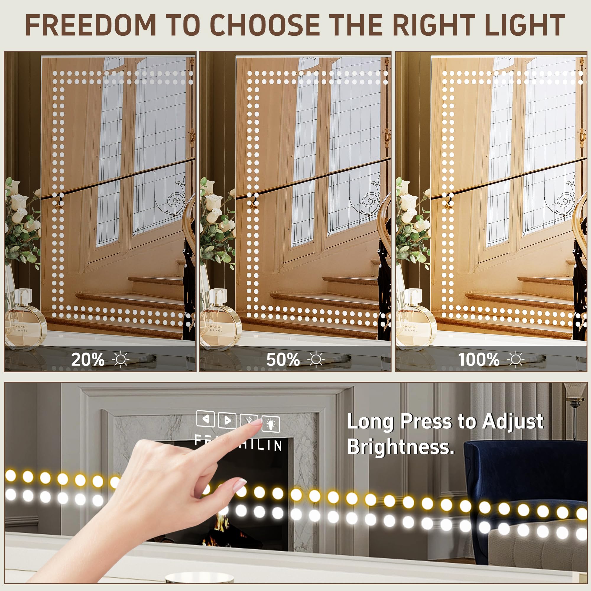Memory function recalls preferred lighting settings on the FENCHILIN vanity mirror.