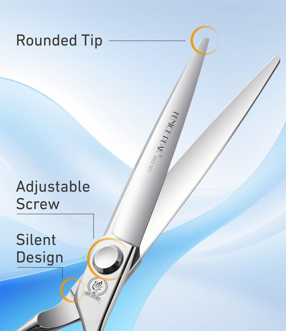 Ergonomic offset handle on Fenice Peak thinning shears reduces fatigue during long sessions.