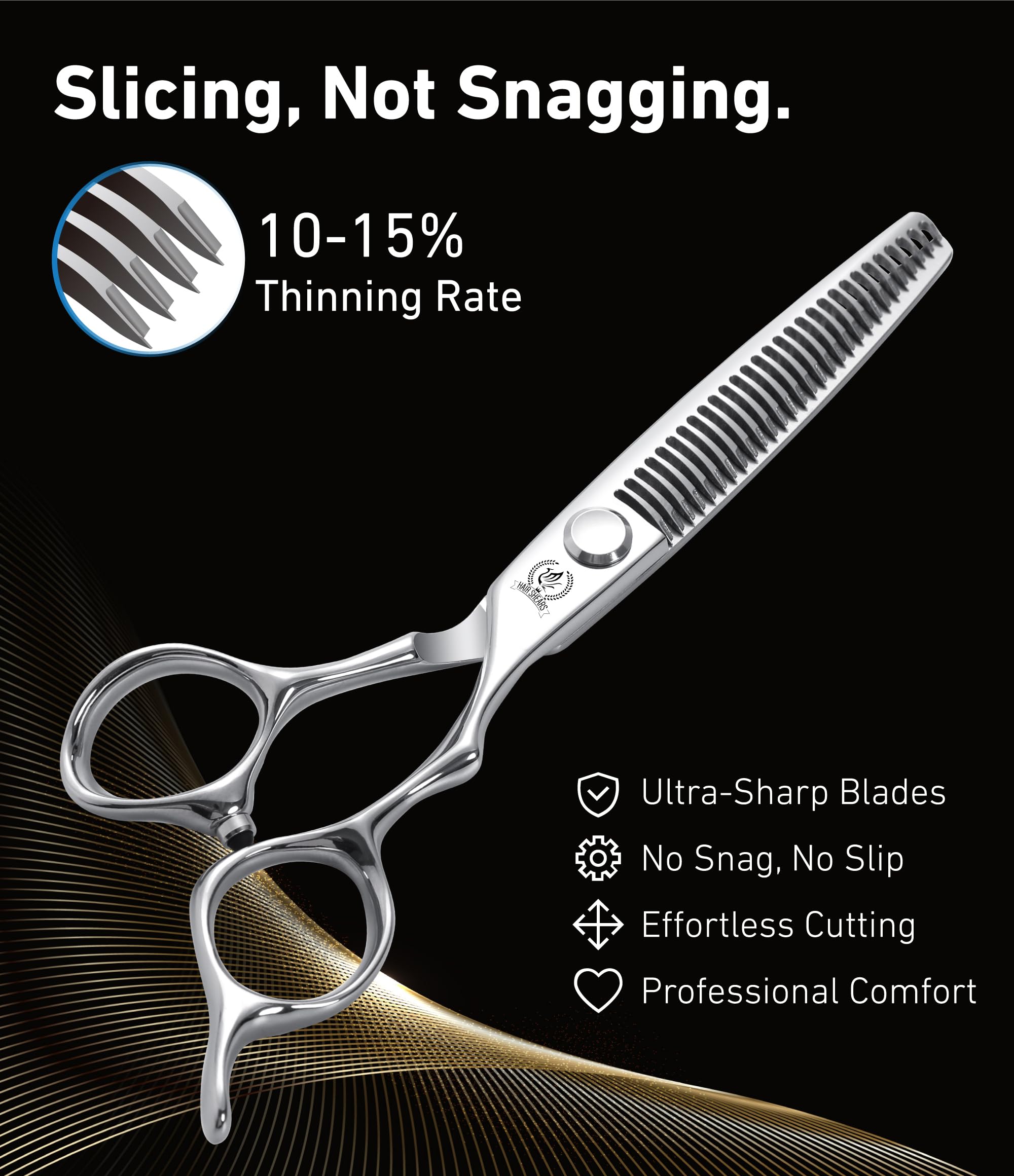 Close-up of Fenice Peak texturizing blades for smooth layering and weightless texture.