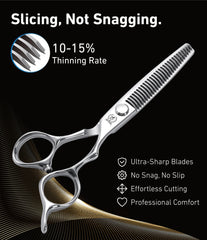 Close-up of Fenice Peak texturizing blades for smooth layering and weightless texture.
