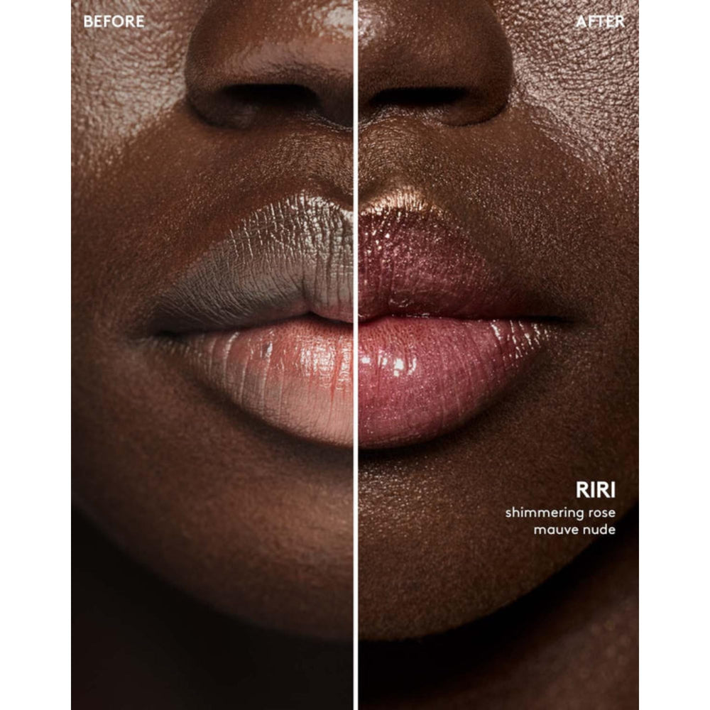 Fenty Beauty Gloss Bomb 08 Riri on lips shows radiant shine and fullness