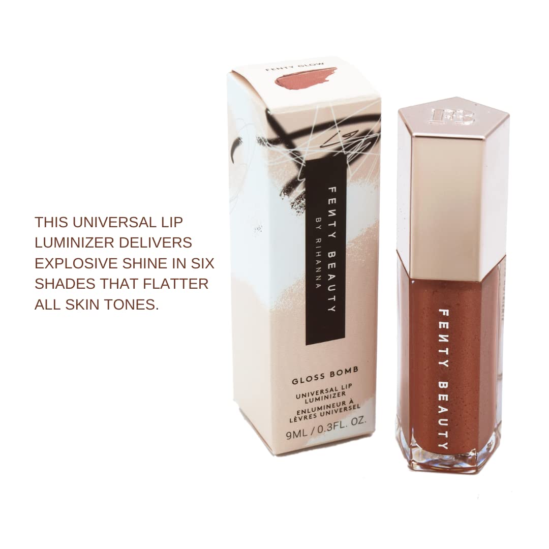 Fenty Beauty Gloss Bomb Fenty Glow lip swatch shows luminous shimmer.