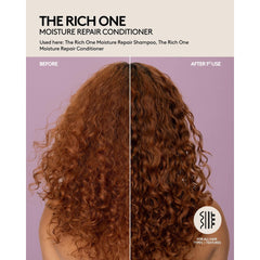 Hands apply Rich One conditioner to wet hair for smooth detangling.