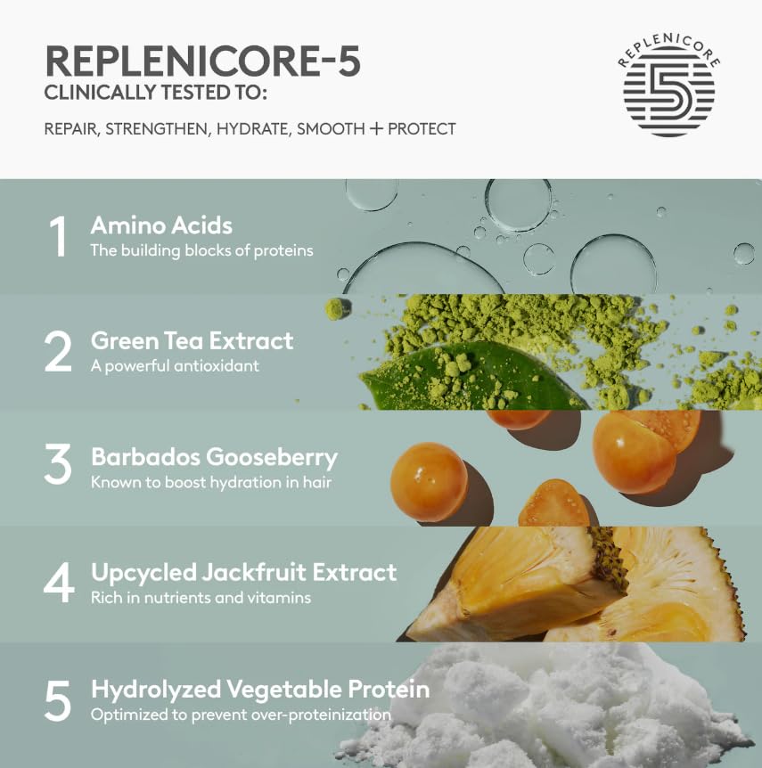 Close-up of The Rich One Moisture Repair Shampoo label highlighting repair benefits and lightweight moisture.