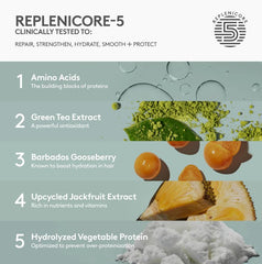 Close-up of The Rich One Moisture Repair Shampoo label highlighting repair benefits and lightweight moisture.
