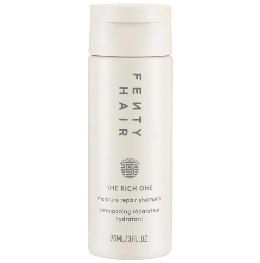FENTY BEAUTY The Rich One Moisture Repair Shampoo mini bottle promotes softness and shine