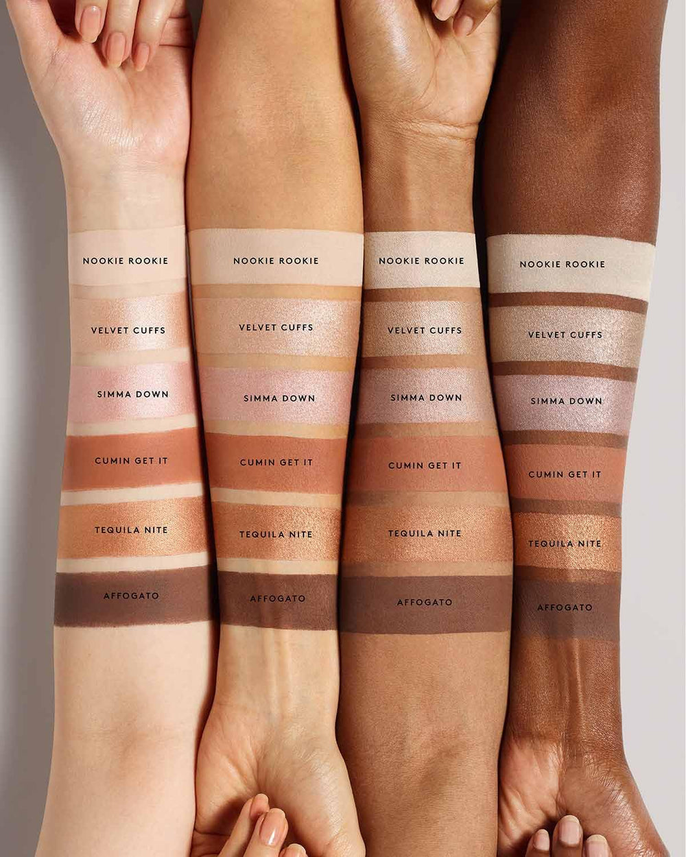 Fenty Beauty Snap Shadows True Neutrals arm swatches highlight blendable finishes.